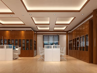 Public Office Space With Wooden Walls White Desks Square Ceiling Lights And Blinds 3d model