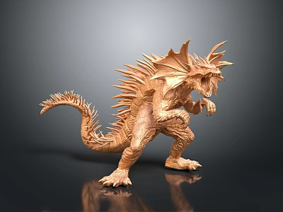 Golden Spiked Mythical Creature Model With Textured Skin Standing On Dark Background And Reflection 3d model