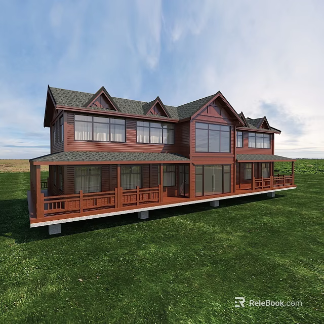 Two Story Detached Villa With Red Exterior Large Windows And Green Lawn Porch 3d model 