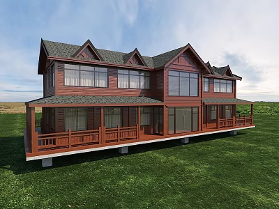 Two Story Detached Villa With Red Exterior Large Windows And Green Lawn Porch 3d model
