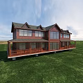 Two Story Detached Villa With Red Exterior Large Windows And Green Lawn Porch