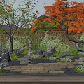 Courtyard Garden With Persimmon Tree Orange Leaves Stone Path Lantern And Bamboo Fence
