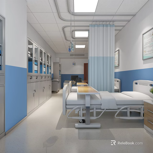 Clean Modern Hospital Ward Interior With Medical Bed And Storage Cabinets 3d model 