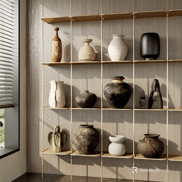 Ceramic Vessels Decorative Display On Wooden Shelves With Various Shapes And Textures 3d model 