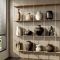 Ceramic Vessels Decorative Display On Wooden Shelves With Various Shapes And Textures