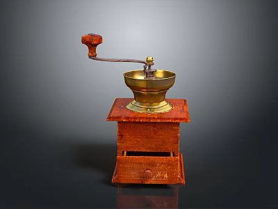 Vintage Coffee Grinder With Wooden Base Metal Grinding Parts And Red Handle 3d model