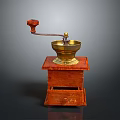 Vintage Coffee Grinder With Wooden Base Metal Grinding Parts And Red Handle