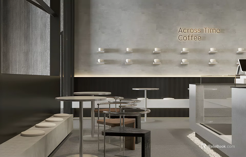 Modern Minimalist Café Interior With Round Tables Chairs Wall Lights And Glass Display Case 3d model 