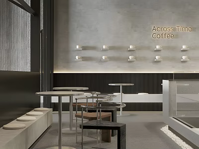 Modern Minimalist Café Interior With Round Tables Chairs Wall Lights And Glass Display Case 3d model