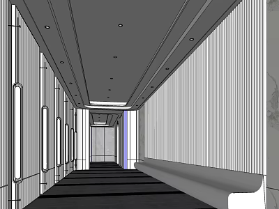 Modern Hotel Corridor Interior Design With Long Striped Walls Ceiling Lights And Carpeted Floor 3d model
