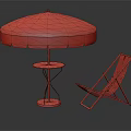 Stylish Red White Striped Deck Chair With Blue White Striped Umbrella And Side Table