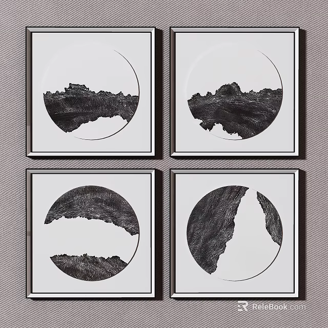 Four Square Framed Circular Black And White Landscape Decorative Wall Art 3d model