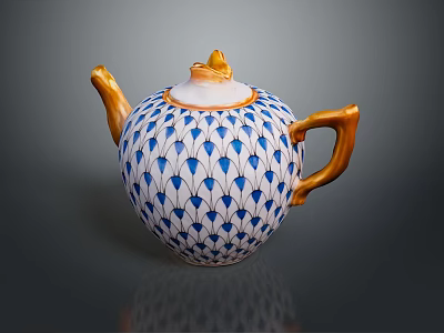 Elegant White Ceramic Teapot With Blue Leaf Pattern Golden Handle And Ornate Lid 3d model