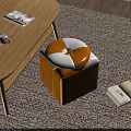 Yellow and White Round Leather Ottoman in Living Room with Coffee Table and Books