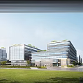 Modern Industrial Factory Building With Glass Facade Near River Green Landscape And Flying Birds