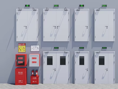 Wall Mounted Fire Safety Equipment With Multiple Emergency Doors And Extinguishers 3d model