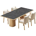 Modern Dining Table Set With Black Tabletop Wooden Legs And Woven Upholstered Chairs