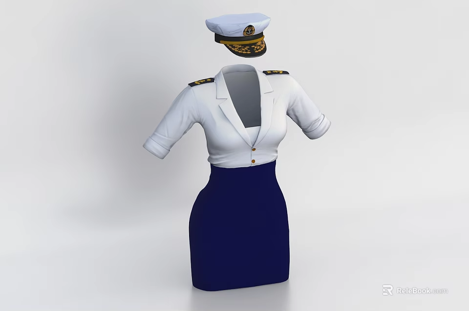 Women's White Short Sleeve Uniform Shirt With Shoulder Epaulettes Blue Skirt And Officer Cap 3d model 