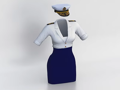 Women's White Short Sleeve Uniform Shirt With Shoulder Epaulettes Blue Skirt And Officer Cap 3d model