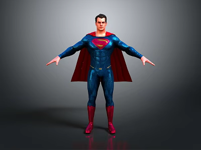 Superman Character in Blue Bodysuit Red Cape and S Logo Standing with Arms Outstretched 3d model