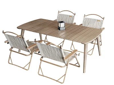 Outdoor Patio Table And Chair Set With Wooden Top Metal Frame And Cushioned Seats 3d model