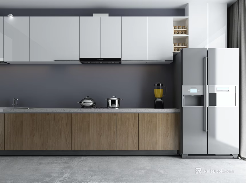 Modern Kitchen Interior With White Upper Cabinets Wooden Lower Cabinets And Stainless Steel Refrigerator 3d model 