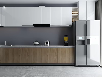 Modern Kitchen Interior With White Upper Cabinets Wooden Lower Cabinets And Stainless Steel Refrigerator 3d model