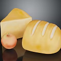 Appetizing Yellow Cheese Golden Bread And Fresh Red Apple On Black Reflective Surface 3d model