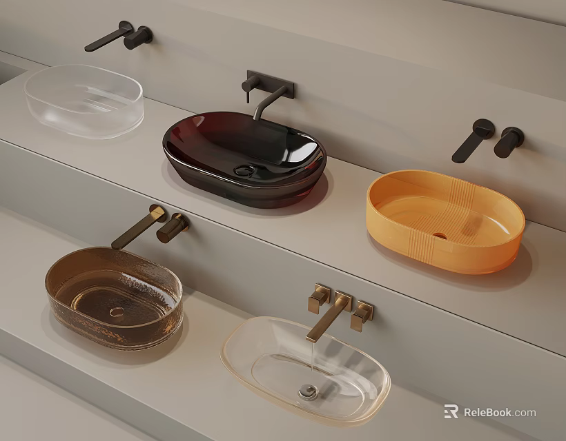 Various Stylish Modern Washbasins With Glass Ceramic Designs And Countertop Faucets In Different Colors 3d model 