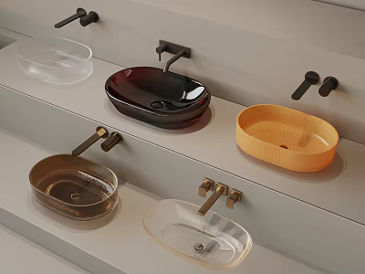 Various Stylish Modern Washbasins With Glass Ceramic Designs And Countertop Faucets In Different Colors 3d model