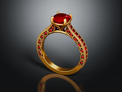 Elegant Gold Ring With Large Red Gemstone And Small Red Gemstones On Band 3d model