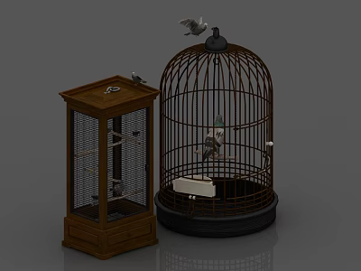 Vintage Decorative Ornament Set With Birdcage Wooden Cabinet And Bird Figurine 3d model
