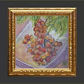 Computer Monitor Displaying Gold Framed Fruit Painting With Green Leaves And Colorful Background