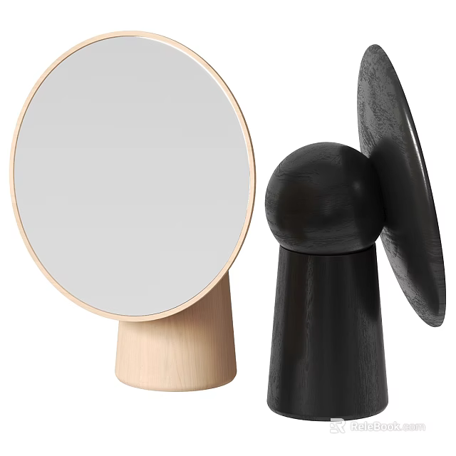 Two Modern Round Mirrors with Light Wooden and Black Spherical Bases Contemporary Decorative Design 3d model 