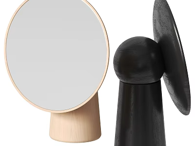 Two Modern Round Mirrors with Light Wooden and Black Spherical Bases Contemporary Decorative Design 3d model