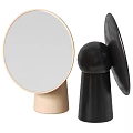 Two Modern Round Mirrors with Light Wooden and Black Spherical Bases Contemporary Decorative Design