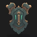 Ornate Fantasy Shield With Intricate Metal Carvings And Green Glowing Gems