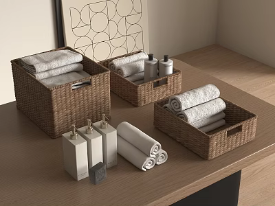 Neat Bathroom Accessories With Wicker Baskets Rolled Towels Bottles And Soap On Wooden Countertop 3d model