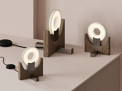 Three Modern Table Lamps With Wooden Base And Ring Shaped Light On Tabletop 3d model