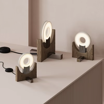 Three Modern Table Lamps With Wooden Base And Ring Shaped Light On Tabletop 3d model