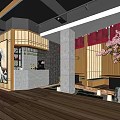 Japanese Style Restaurant Interior With Wooden Decor Cherry Blossom Tree Lanterns And Mountain Painting
