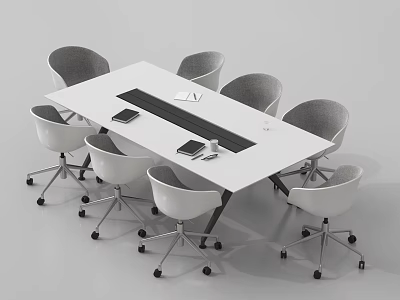 Modern Rectangular Office Table With Gray Back White Seat Wheeled Chairs 3d model