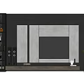 Modern TV Wall Design With Black Background White Panels Glass Cabinets Speakers And Plant