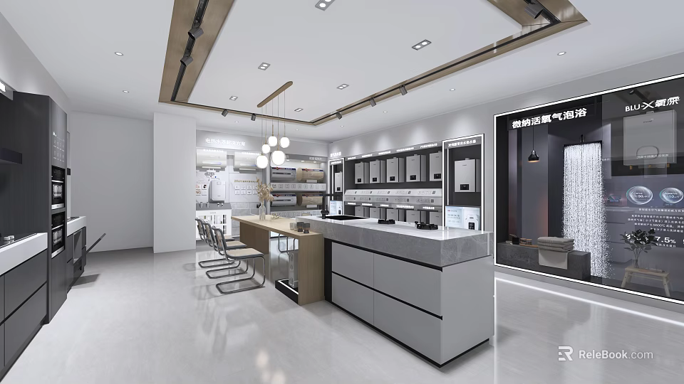 Modern Kitchen Products Showroom With Open Display Cabinets And Appliances 3d model 