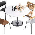 Round White Marble Dining Table Set With Various Colored Chairs And Decorative Vase 3d model