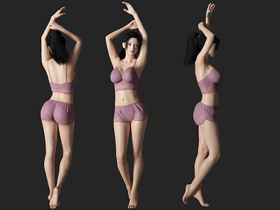Woman Wearing Purple Lingerie And Shorts Posing In Back Front Side Views 3d model