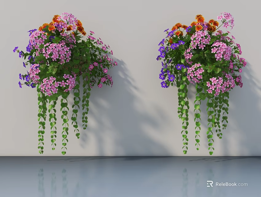 Hanging Potted Plants With Colorful Purple Pink Orange Flowers And Trailing Green Vines 3d model 