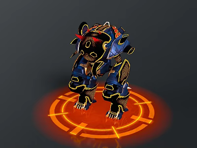 Mechanical Creature with Blue Black Body Yellow Details Standing on Orange Glowing Circular Pattern 3d model