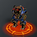 Mechanical Creature with Blue Black Body Yellow Details Standing on Orange Glowing Circular Pattern