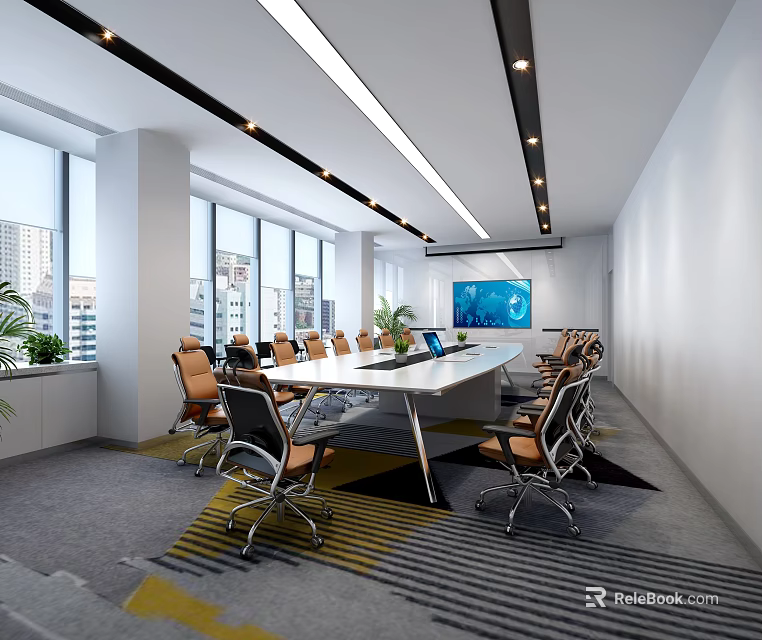 Modern Conference Room With Long Table Multiple Chairs Large Screen And Natural Light 3d model